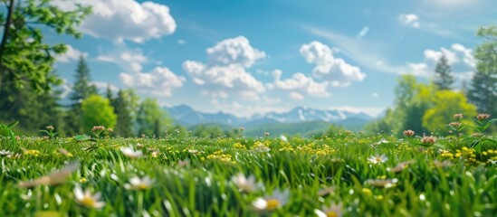 Aufkleber - Grass Landscape with Sky Trees Clouds Flowers and Mountains. Copy space image. Place for adding text or design