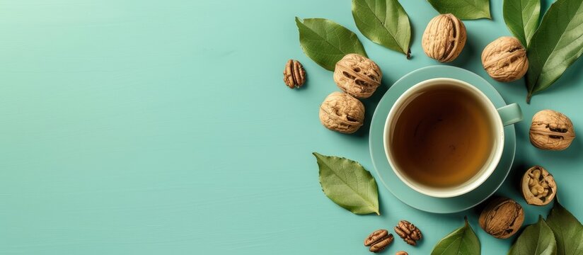 Walnuts and green tea pastel background  Food  Isolated. with copy space image. Place for adding text or design