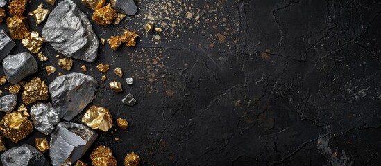 Gold and silver nuggets on black background. Precious stones, luxury concept and mineral drainage. Industrial activity, treasure and fortune. Copy space image. Place for adding text or design