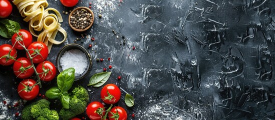 Aufkleber - vegetables and spices for tomato sauce,pasta tagliatelle with tomatoes on dark background, top view. Copy space image. Place for adding text or design