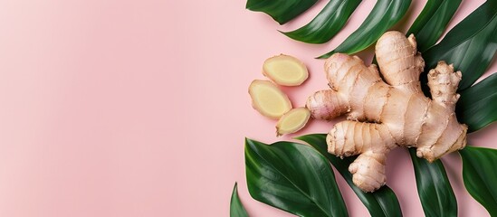 Aufkleber - Ginger with leaves Isolated on a white Clipping Path pastel background. with copy space image. Place for adding text or design