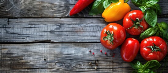 Poster - Fresh ripe vegetables on wooden background. with copy space image. Place for adding text or design