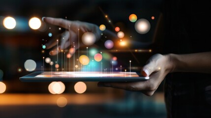 Aufkleber - A hand holding a tablet displaying a bubble chart comparing industry trends over the past decade