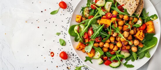 Aufkleber - Vegan lunch plate: vegetable salad, fried chickpeas and baked sweet potato with healthy bread. Healthy plant-based diet concept. Copy space image. Place for adding text or design