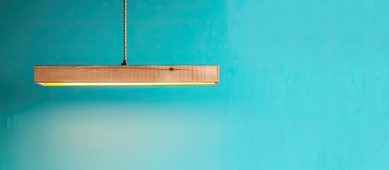 Poster - Suspended ceiling light in the form of an oak board with lights pastel background. with copy space image. Place for adding text or design