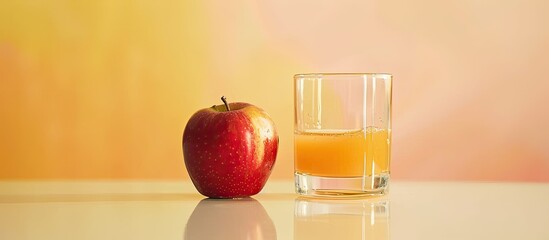 Poster - Fresh apple juice in glass isolated on pastel background. with copy space image. Place for adding text or design