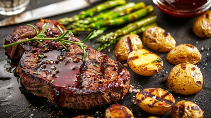 Wall Mural - A juicy grilled steak with roasted potatoes, asparagus spears, and a red wine reduction sauce