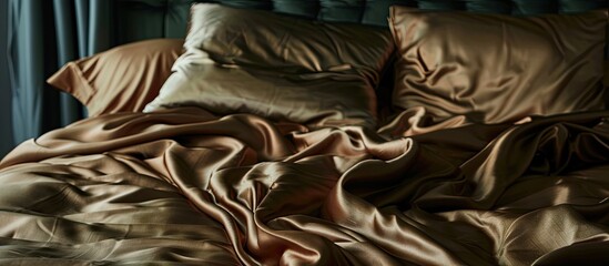 Wall Mural - brown satin sheets on bed. with copy space image. Place for adding text or design