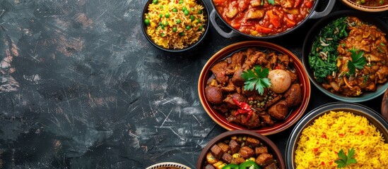 Leinwandbilder - African food table concept. Traditional African or middle eastern dishes assortment. Selective focus. Copy space image. Place for adding text or design