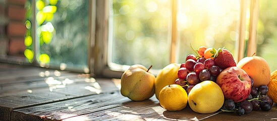 Poster - Fresh fruit in the kitchen on a wooden table by the sunny window. Copy space image. Place for adding text or design