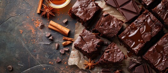 Poster - Chocolate pumpkin vegan brownies with slices of chocolate and syrup. Love for a healthy desserts concept. with copy space image. Place for adding text or design