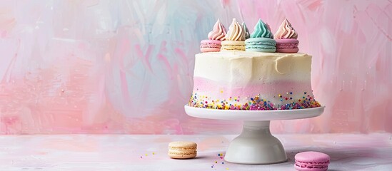 Fototapete - Tasty color cake with macaroons on table. with copy space image. Place for adding text or design