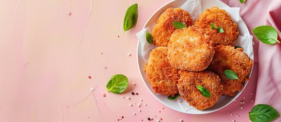 Poster - Fried cutlets in bread crumbs, Isolated on pastel background. with copy space image. Place for adding text or design
