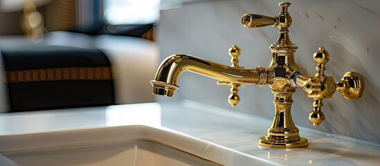 Wall Mural - Close-up Classic Gold Tap in Vintage Bathroom. with copy space image. Place for adding text or design