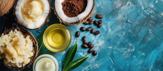 Handmade cosmetic ingredients - coconut and shea tree butter, olive oil, round coffee and sugar. Organic scrub and body cream. Toned picture. with copy space image. Place for adding text or design