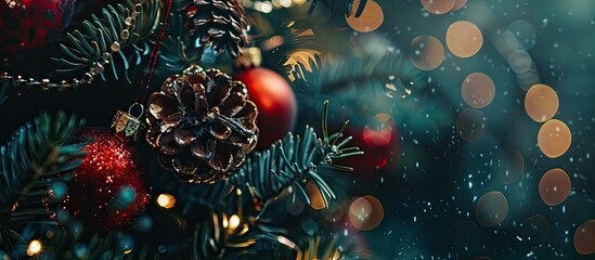 Poster - Christmas tree decorated with red toys, ornaments, pine cones, beads bokeh lights dark close-up. with copy space image. Place for adding text or design