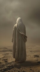 Wall Mural - Thought-provoking conceptual image of a Muslim man standing in a desert