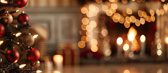 Poster - blurred background of decorated glowing Christmas tree and fireplace. with copy space image. Place for adding text or design