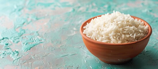 Fototapete - Cooked plain white basmati rice in terracotta bowl over plain or pastel background. with copy space image. Place for adding text or design