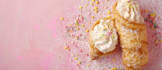 Fototapete - Sicily  Empty cannolo, typical sweetie from Sicily pastel background. with copy space image. Place for adding text or design