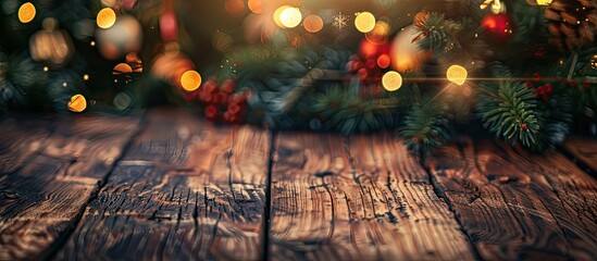 Wall Mural - blurred background of xmas tree and retro wooden desk space . with copy space image. Place for adding text or design