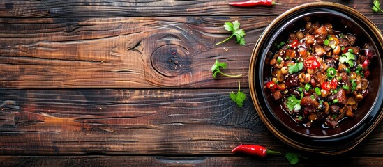 Aufkleber - Dry Pot Hunan Style chilli Pork Intestines served dish isolated on wooden table top view of Hong Kong food. Copy space image. Place for adding text or design