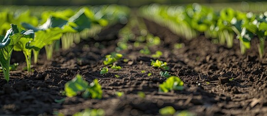 Fototapete - Tidy rows of sugar beets in perspective in fertile soil on an agricultural field. Sugar beet cultivation. Agricultural process. Copy space image. Place for adding text or design