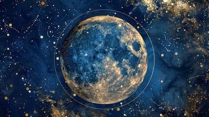 A large blue and gold moon is surrounded by a circle of stars