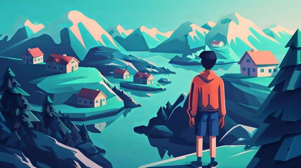 Digital art of a person overlooking a serene mountain village with scenic lake, colorful houses, and snowy peaks in the background.