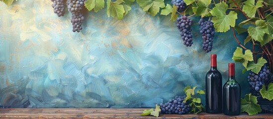 Aufkleber - grapes on vine with leaves with empty wine bottles sitting on wooden plank with an isolated pastel background. with copy space image. Place for adding text or design