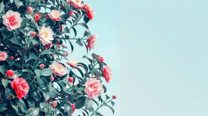 Wall Mural - camellia bush with pink and red flowers pastel background