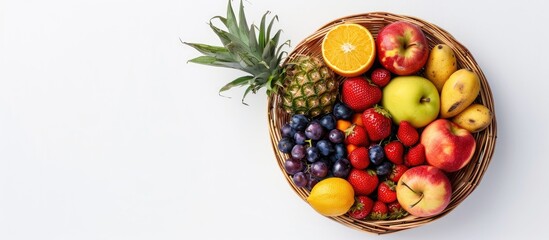 Leinwandbilder - Wicker basket with different fruits on white background, top view. Copy space image. Place for adding text or design