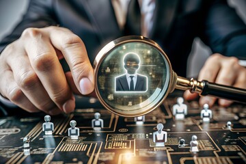 A magnifying glass on an electronic chip with user avatar ICONS and checkmark symbols, human resources, HR management concepts, recruitment, leadership and team building. Recruitment process