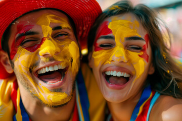 Conmebol Copa América 2024. a couple fan of the soccer team with your faces painted with the colors of your team. Argentina, Bolivia, 
Brazil, Chile, Colombia, Ecuador, Peru, Paraguay.