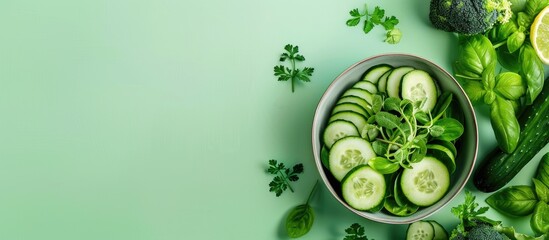 Poster - Green vegetables, put them in a dish. For healthy people pastel background. with copy space image. Place for adding text or design