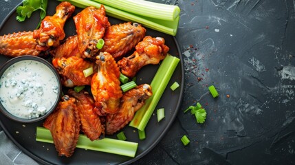 Wall Mural - A plate of crispy chicken wings tossed in buffalo sauce, served with celery sticks and blue cheese dressing