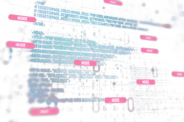 Abstract image showing digital code and network nodes overlaid, with a pink and white palette on a blurred background, representing connectivity and data