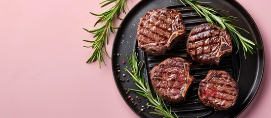 Aufkleber - fresh grilled bloody beef steaks on black grill plate Isolated on pastel background. with copy space image. Place for adding text or design