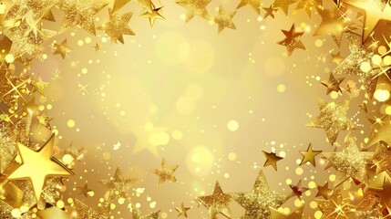 Golden Glittering Stars on Sparkling Background. Festive and celebratory atmosphere. Wallpaper birthday or Christmas, background frame with copyspace
