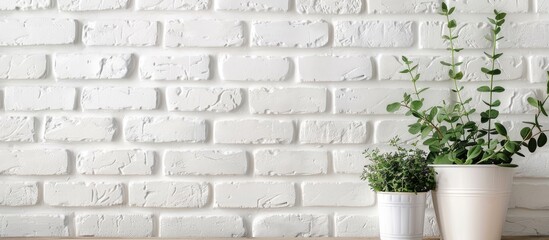 The inscription in a frame on a background of a white brick wall and two pots with herbs. with copy space image. Place for adding text or design