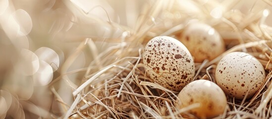 Leinwandbilder - quail eggs in nests. Selective focus, toned photo pastel background. with copy space image. Place for adding text or design
