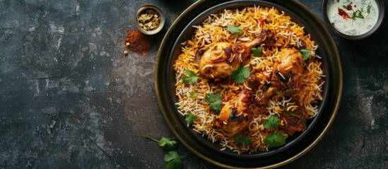 Wall Mural - Restaurant style Spicy Chicken Biryani served with Raita and Salan, Popular Indian or Pakistani non vegetarian Food. Copy space image. Place for adding text or design