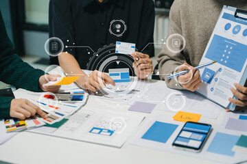 Wall Mural - asian businessman and woman people meeting in office. employee brainstorm and work as team, plan