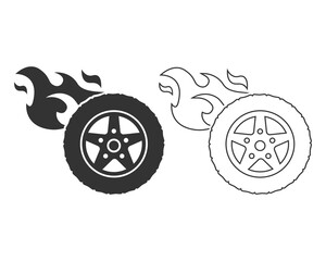 Car wheel and tire with flames line icon vector sign