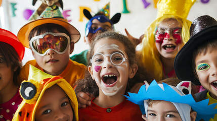 A group of children in various funny costumes having fun at a themed birthday party.