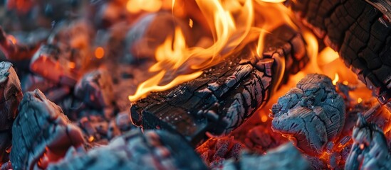 Aufkleber - Flames burning a bonfire with coals, fireplace, close-up. with copy space image. Place for adding text or design