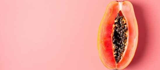 Poster - Papaya slice Isolated on pastel background, top view. with copy space image. Place for adding text or design