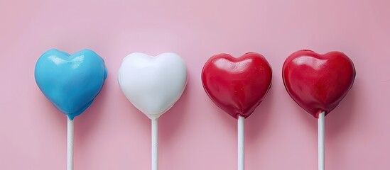 Aufkleber - White, blue and red heart shaped lollipops isolated on pastel background. Love, candy or valentines background. with copy space image. Place for adding text or design