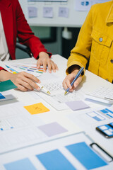Wall Mural - ux developer and ui designer brainstorming about mobile app interface wireframe design