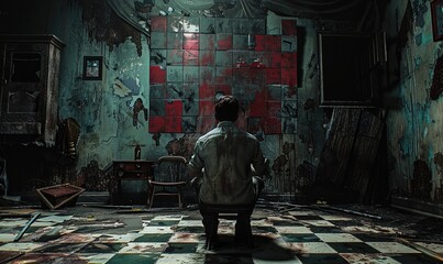 Wall Mural - A man sits on a chair in a dark room and stares at a dirty wall